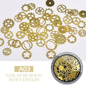 Detail view of golden metal gear and mechanical nail art rivets in style A03