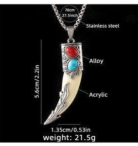 Detail of wolf tooth pendant showing dimensions 5.6cm and 70cm stainless steel chain