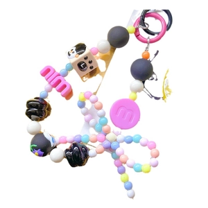 Colorful candy beaded phone strap with cute penguin block and pink alphabet beads
