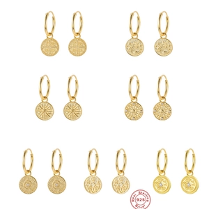 925 Sterling Silver Hoop Earrings With Moon Phase Medal Pendant Gold Plated Zircon Bohemian Retro Style Jewelry For Women