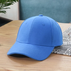 Detail shot of a blue structured baseball cap with breathable vents on a wooden surface