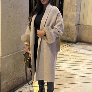 Manteau Long En Laine Pour Femmes Style Britannique Élégant Col À Revers Ceinture À Nouer Poignets En Fausse Fourrure Coupe Ajustée