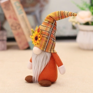 Fall harvest gnome plush with orange plaid hat and sunflower decoration for home decor