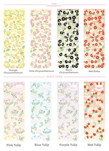 Detail of Korean laser stickers with daisy and tulip floral designs for scrapbooking