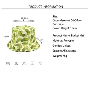 Reversible bucket hat with cucumber pattern including a size guide for 56-58cm head size