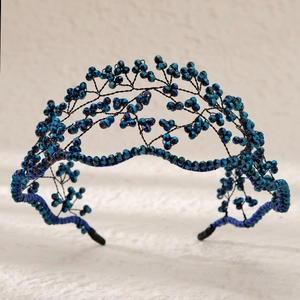 Blue crystal beaded mesh headband with exotic ethnic weave and intricate crystal detailing