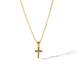 18k gold plated stainless steel cross necklace with crystal heart pendant on white background