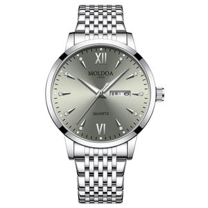 Men's luminous quartz watch with silver steel band and grey dial featuring dual calendar