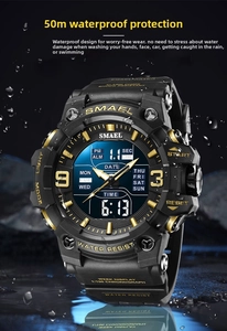 Macro shot of black and gold dual display sport watch with water splash effect