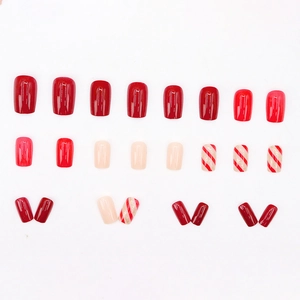 Press-on nails set with red, pink and festive glitter stripe patterns in square shape