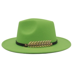 Close-up of wool felt fedora featuring a black band and a golden feather metal accent