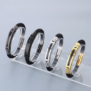Men Woven Cowhide Leather Bracelet Stainless Steel Carbon Fiber Accents Industrial Punk Style Modern Fashion Jewelry