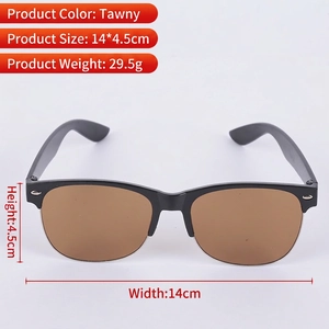 Detailed dimensions of retro semi-rimless sunglasses with 14cm width and 4.5cm height