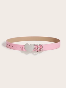 Close-up of pink leather belt featuring a unique double heart-shaped silver metal buckle