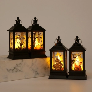 Halloween LED Decorative Lantern Portable Vintage Wind Lamp Warm Light Plastic Silhouettes Pumpkin Witch Castle Ornament