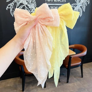 Oversized bow hair clip with 3D polka dot embroidery and long flowing ribbons