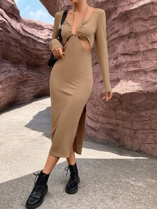 Vestido Midi De Punto De Manga Larga Para Mujer Cuello Halter Abertura Lateral Ajustado Acanalado Color Sólido Elegante