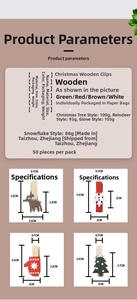 Detailed dimensions of 3.5cm Christmas wooden clips featuring reindeer and snowflake motifs