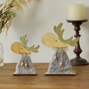 Creative wooden Christmas reindeer figurines with gray fur and golden glitter antlers
