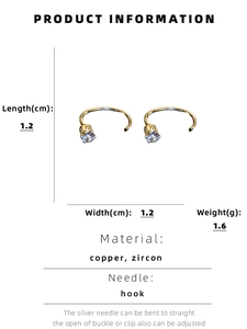Detailed specs of gold circle earrings with blue zircon showing dimensions 1.2cm and 1.6g weight