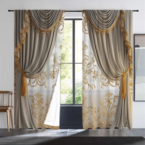Detail of luxury champagne blackout curtains with gold embroidery and beaded fringe valance