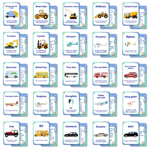 Detail view of 25 grid-style educational flashcards showing cartoon vehicles and English names