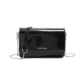 Glossy black patent leather square shoulder bag with silver metal chain strap