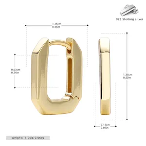 Detailed dimensions of 925 sterling silver geometric U-shaped hoop earrings in gold finish