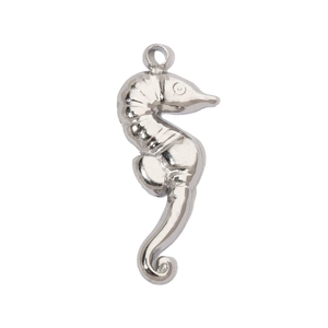 Detailed view of silver seahorse pendant in polished stainless steel with top ring