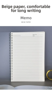 Detail of spiral bound notebook with beige ruled pages and date header section
