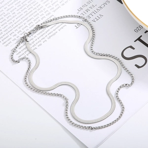 Minimalist silver double-layered necklace with flat snake chain and classic link design