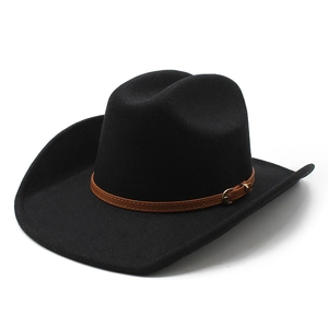 Classic black wool western cowboy hat with brown leather belt and golden buckle detail