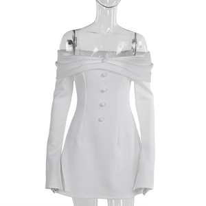 Detail of white off-the-shoulder mini dress featuring decorative front buttons and long sleeves