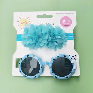 Blue chiffon flower headband and cat-shaped sunglasses set for girls aged 0-3 years