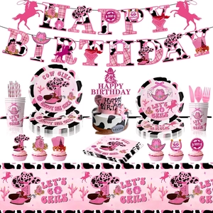 Western Pink Cowgirl Birthday Party Decorations Cow Print Paper Plates Cups Napkins Tablecloth Banner Plastic Tableware