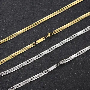 Men Stainless Steel Cuban Link Necklace Bracelet With Rectangle Blank Tag Flat NK Chain Fashion Jewelry For Men Women