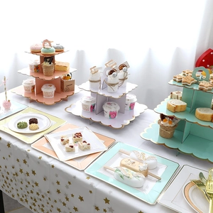 Three-tier macaron color cardboard cupcake stands and square plates for party decor