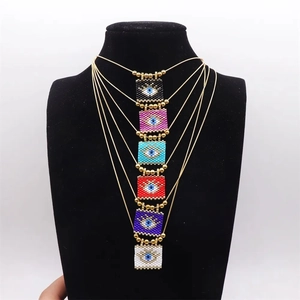 Bohemian evil eye beaded square pendant necklaces set with gold bead adjustable chains