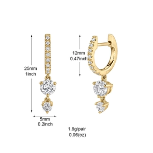 Detailed view of gold huggie earrings with double round cubic zirconia drops and dimensions