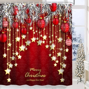 Detail of red Christmas shower curtain with pine branches and Merry Christmas greeting