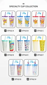 Cold sensitive color changing plastic cups set with straws in eight various designs