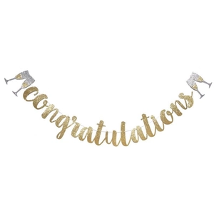 Golden glitter Congratulations banner with champagne glass accents for graduation party