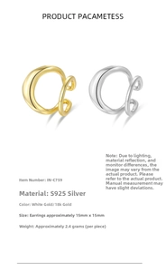 Detailed view of S925 sterling silver ear cuffs with 15mm size and 2.4g weight