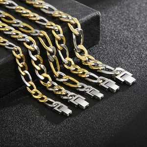Men Two Tone Gold Silver Figaro Cuban Link Chain Bracelet Necklace Stainless Steel Hip Hop Street Jewelry