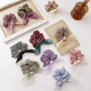 Plaid Scrunchies With Chiffon Bow Hair Ties Fabric Checkered Ponytail Holder Sweet Cute Hair Accessories For Women Girls