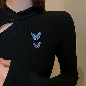 Butterfly Brooch Enamel Blue Gradient Hollow Out Alloy Rhinestone Aesthetic Jewelry Gift Accessory For Women