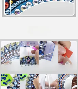 Macro shot of DIY diamond painting kit accessories with round crystals and tools