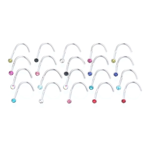 Set of 20 L-shaped stainless steel nose studs with assorted colorful rhinestones