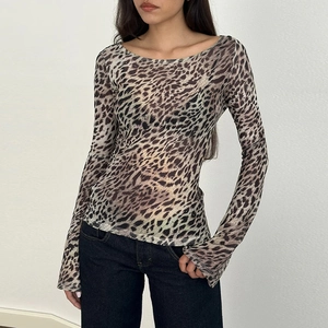 Close-up of leopard print mesh top showing the flared cuffs and slim-fit long sleeves