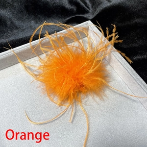 Detailed view of vibrant orange ostrich feather brooch on premium velvet display tray